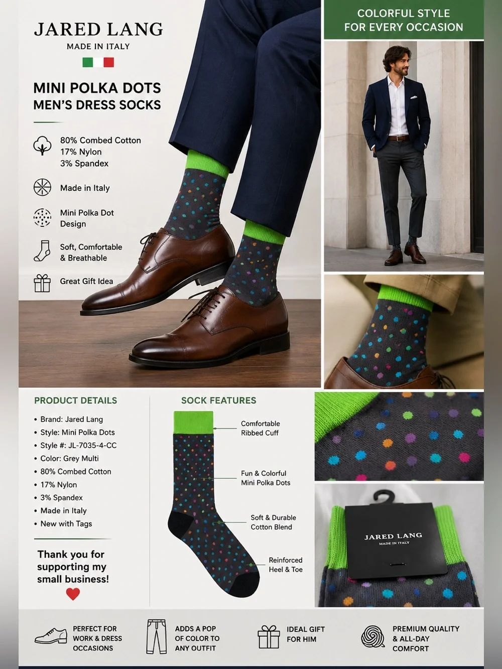 Jared Lang Men’s Socks NWT Made in Italy Grey Multi Polka Dot Neon Green